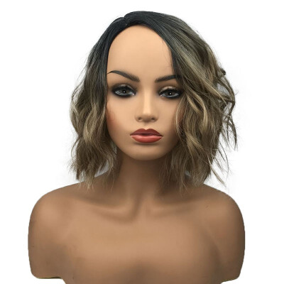 

StrongBeauty Short Bob Curly Gray Brown Ombre Wig for Women Synthetic Wig 10 Inch