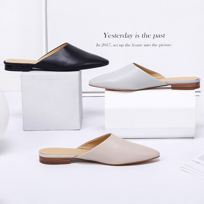 

Beijing Tokyo made leather sandals&slippers female Muller shoes flat with pointed simple black 39 small 1 yard