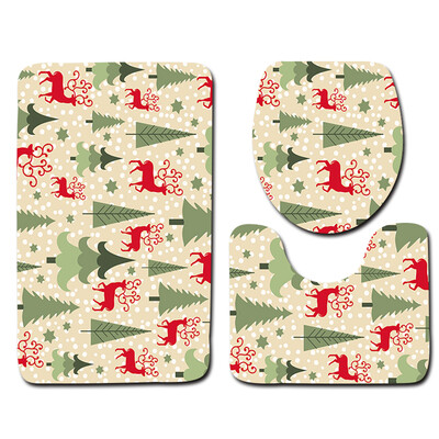 

3PcsSet Home Bathroom Decor Christmas Elk & Tree Printed Non-Slip Floor Mat Bath Mat Pedestal Rug Lid Toilet Cover