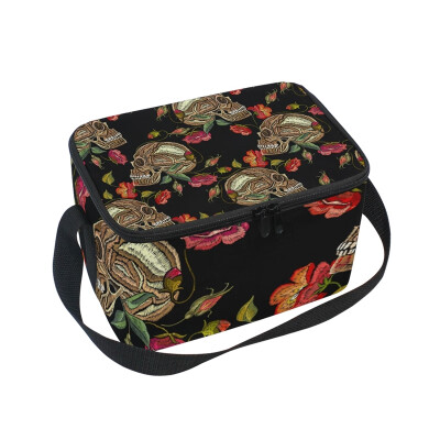 

Lunch Box Insulated Lunch Bag Large Cooler Embroidery Skull And Flowers Tote Bagfor Kids Men Women