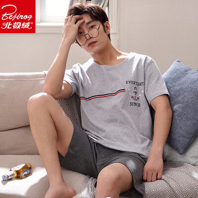 

Arctic velvet pajamas mens summer cotton mens short-sleeved thin section Korean version of the summer mens cotton home service youth suit 2007 gray