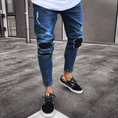

Men Jeans Stretch Destroyed Ripped Design Hole Fashion Ankle Zipper Skinny Jeans For Men