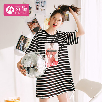 

Fen Teng 2019 spring&summer new cute cartoon round neck casual cotton short-sleeved home service ladies pajamas nightdress J980A21690 black strip