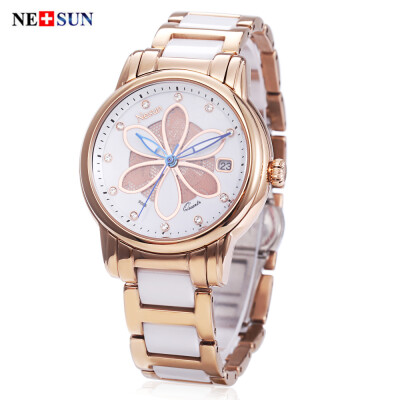 

NESUN LS906 Women Quartz Watch Artificial Diamond Petal Pattern Dial Date Wristwatch