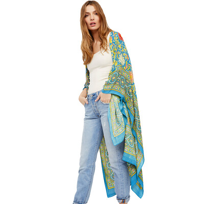 

Vintage Women Chiffon Kimono Cardigan Ethnic Boho Print Loose Long Outerwear Beachwear Bikini Cover Up RoseBlueCoffee