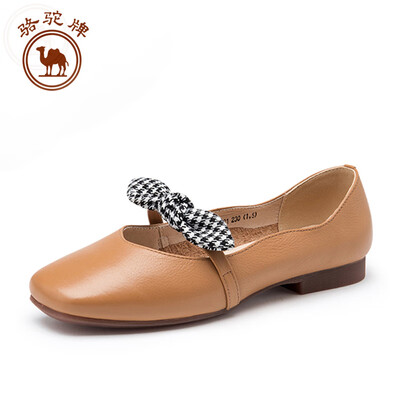 

Camel brand single shoes womens fashion casual leather bow shallow mouth comfortable flat bottom W91504521 apricot color 39245 yards