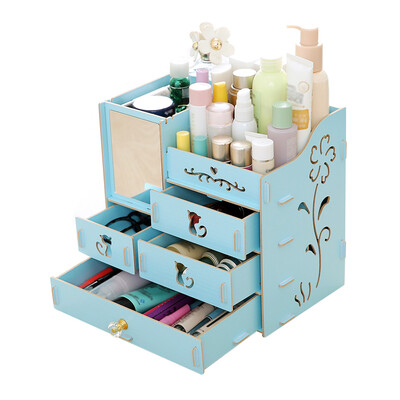

Multifunctional Desktop Storage Box Assembly Wooden Large Capacity Makeup Cosmetic Storage Box with Mirror Multi Drawers DIY Jewel