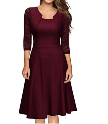 

Pure color middle sleeve dress skirt
