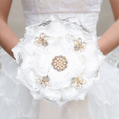 

18cm Handmade Wedding Brooch Rhinestone Bridal Bouquet Satin Rose Flower with Artificial Pearls Decorated for Bride Wedding Suppli