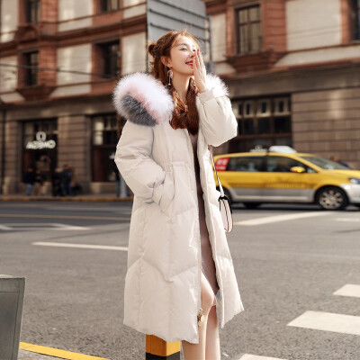 

Down jacket womens long style womens 2018 winter wear new Korean version slim body color large fur collared over the knee jacket