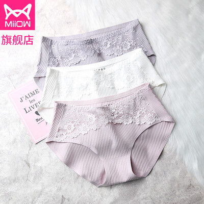 

Cat man modal lace sexy seamless ladies underwear mid-waist sweet cute girl student shorts briefs light gray white gray purple XL