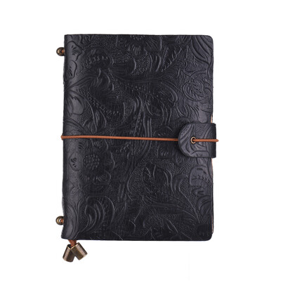 

Vintage Full Grain Leather Refillable Travel Journal Notebook Diary Embossed Flower Pattern Daily Notepad Cover with Elastic Strap