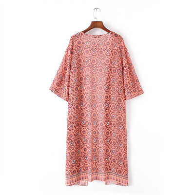 

Fashion Women Long Beach Cover Up Chiffon Kimono Allover Print Front Open Loose Long Thin Coat Orange