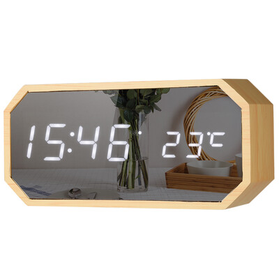 

Octagon Wooden LED Digital Sound Control Mirror Alarm Clock USBBattery Powered Dimmer Thermometer Clock with 3 Alarms Weekday Ala