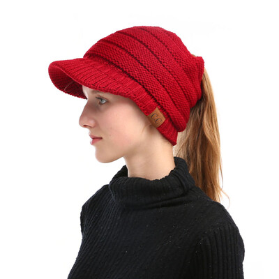 

Winter Women Girl Soft Warm Knitted Thicken Hat Ponytail Beanie Caps with Visor Outdoor Snow Ski Sports Cap