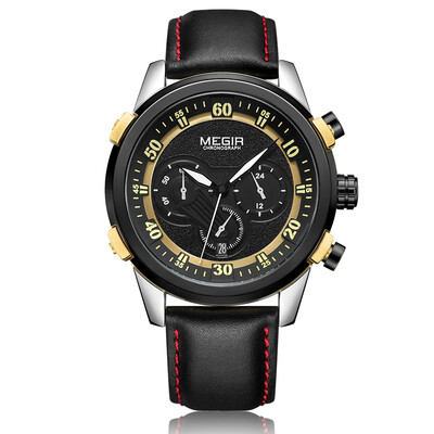 

MEGIR Fashion Genuine Leather Men Sport Watch 3ATM Water-resistant Quartz Luminous Wristwatch Man Relogio Musculino Chronograph