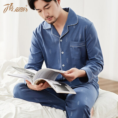 

Top melon melon pajamas mens cotton spring casual printing lapel mens long-sleeved home service suit jd50120 Navy 185