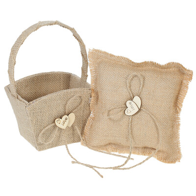 

6 6 inches Vintage Burlap Double Heart Ring Bearer Pillow&Rustic Wedding Flower Girl Basket Set