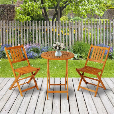 

3-Pieces Folding Acacia Wood Patio Bistro Set Outdoor Square Table Two Chair