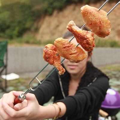 

Stainless Steel BBQ Tools Flat Barbecue Stick BBQ Roasting Needle with Wooden Handle Skewers Camping BBQ Forks with storage bag