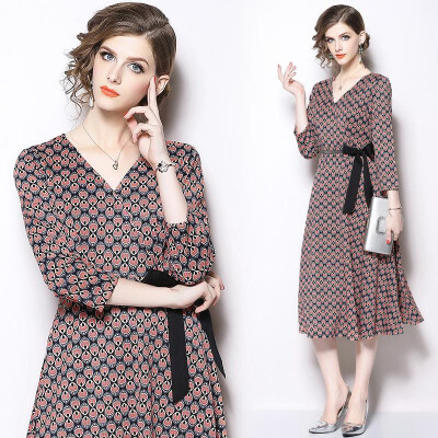 

M L XL XXL elegant new autumn 2018 women dress long sleeve red print V neck A line mid calf with belt office lady