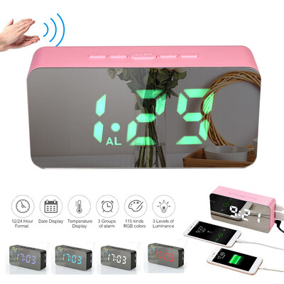 

Digital Colorful RGB LED Mirror Alarm Clock USBBattery Powered Desktop Thermometer Clock with Adjustable Luminance 3 Alarms Snooz