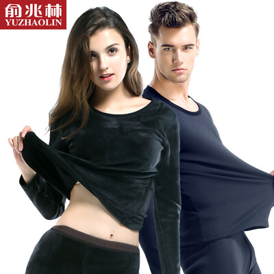 

Yu Zhaolin thermal underwear men&women couple plus velvet thick gold velvet round neck suit autumn clothes long pants cotton women - texture black