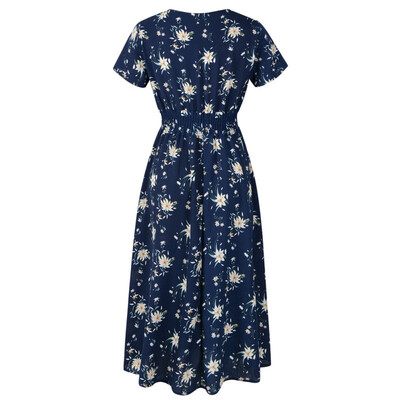 

Ladies Floral Dress Chiffon Beach Dress Print V-neck Short Sleeve Dress Bohemian Skirt