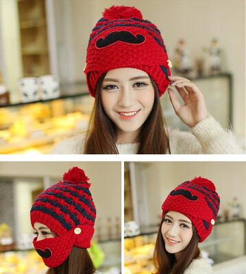 

New Korean version with velvet warm moustache mask Thickened knitted hat Ladies winter wool cap