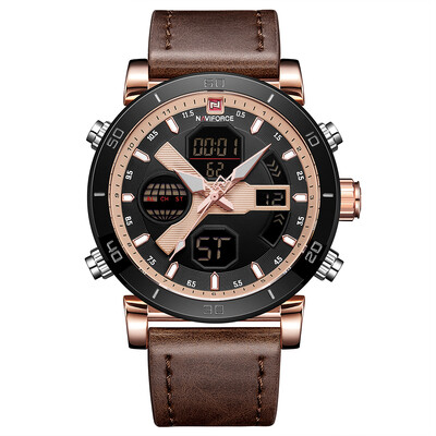 

NAVIFORCE Men Quartz Fashion Casual Sports Wristwatch Dual Time Analog Digital Display Watch 3ATM Water Resistant Leather Strap Ba