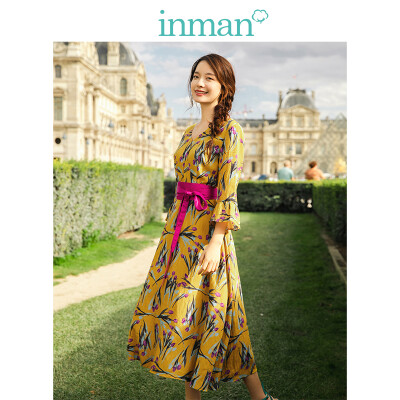 

INMAN 2019 spring new V-neck retro floral art holiday wind thin loose A-line dress long skirt female 1891104545 yellow S