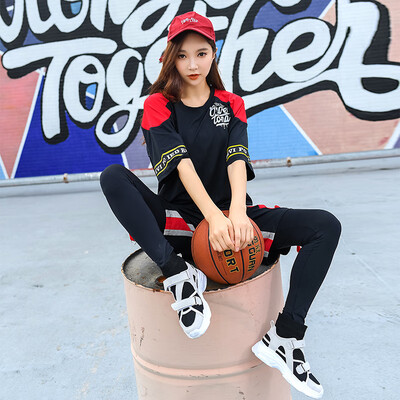 

Colorful 2019 new color stitching loose running fitness clothing female models slim hip hop yoga fitness clothes three-piece black