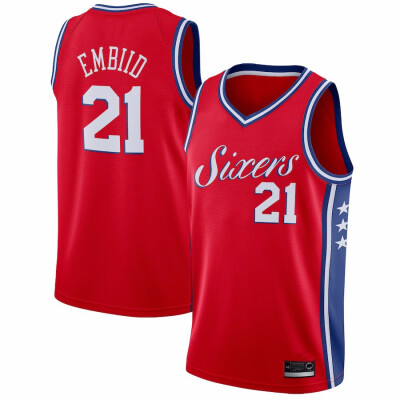 

2019 New Mens Philadelphia 76ers 21 Joel Embiid Red White Gray Blue Basketball Jersey Size -XXL