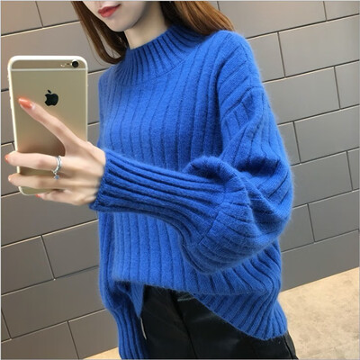 

2018 new autumn&winter extra thick lantern sleeve waist top with bottom blouse top womens loose half high collar