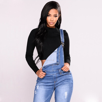 

Fashion Ladies Denim Jumpsuit Black Skinny Hole Jeans Slim Bib Pants Ladies Causal Overalls