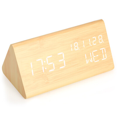 

Triangular Wooden LED Digital Sound Control Alarm Clock USBBattery Powered Dimmer Thermometer Clock with 3 Alarms Weekday Alarm