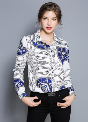 

M L XL XXL elegant new autumn 2018 women blouse shirt long sleeve white blue print office lady top