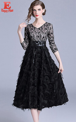 

M L XL XXL elegant lace new autumn 2018 long maxi dress women long sleeve black V neck slim A line mid calf vintage lady