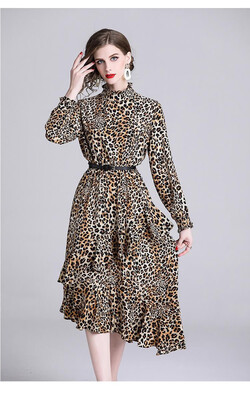 

M L XL elegant new spring 2019 long dress women long sleeve leopard print slim irregular mid calf lady