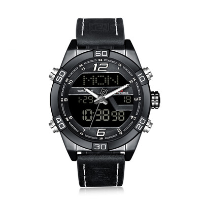 

NAVIFORCE NF9128 Luxury Brand Watch Life Waterproof Quartz Wrist Watch Male Genuine Leather Watch LED Display Watch