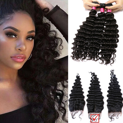 

i-Dishy Hair Products Brazilian Virgin Hair Deep Wave 8A Grade 100 Unprocessed Human Hair 3 Bundles with Closure Natural Black