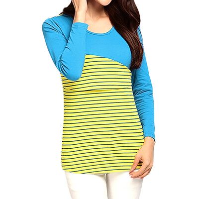 

Womens Maternity Striped Nursing Breastfeeding Shirt Long Sleeves Top Clothes Blue