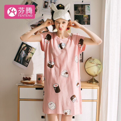 

Fen Teng 2019 spring&summer new personality pattern round neck cotton girlfriends short-sleeved home service ladies pajamas nightdress X980A21482 pink M