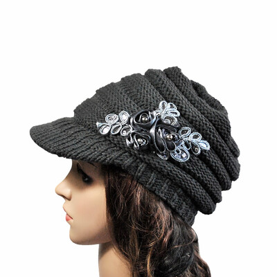 

Winter Women Cable Knitted Visor Hat with Flower Accent Thick Soft Warm Beanie Hats Wool Cap