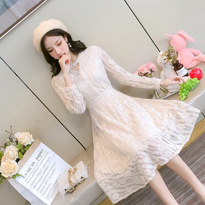 

Langyue Womens 2019 Spring New Korean Long Sleeve Dress Temperament Ladies Dress Slim Mid-length A-line skirt LWQZ191182 Apricot L