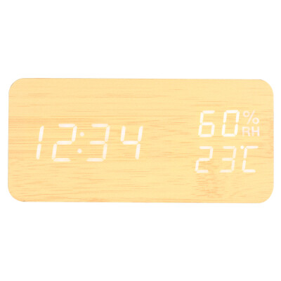 

Wooden LED Digital Sound Control Alarm Clock USBBattery Powered Dimmer Indoor Hygrometer Thermometer Clock with 3 Alarms Weekday