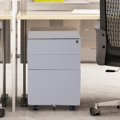 

24 Metal 3 Drawer Locking Under Desk Filing Cabinet On Wheels - Grey