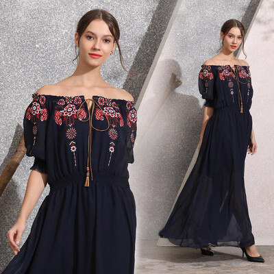 

L XL XXL beach new summer 2019 long maxi chiffon dress women short sleeve navy blue flower embroidery ankle length bohemia lady