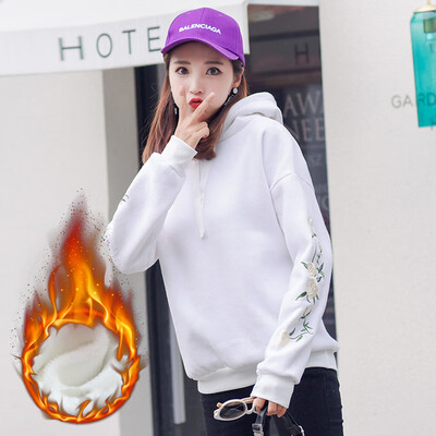 

JOY OF JOY 2018 winter new Korean women plus velvet thick sweater loose fashion pattern hooded chic long sleeve female JWWY189339 white L