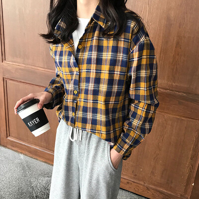 

Long Yue womens 2019 spring new c long-sleeved shirt female students Korean version of the loose retro plaid shirt LWCC191190 yellow